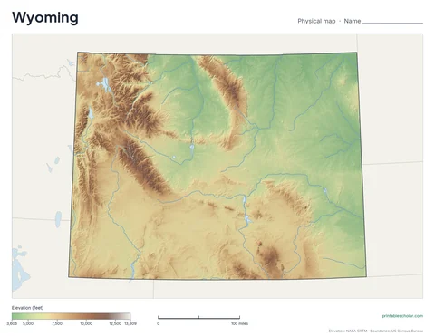 Wyoming blank physical map: the same terrain with no labels, for labeling practice