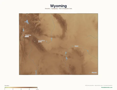 Wyoming physical map labeled — showing the Wind River Range, the Tetons, Yellowstone’s caldera, and the Great Divide Basin, with peak elevations and major cities marked