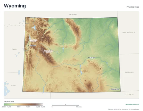 Wyoming physical map, labeled: the Wind River Range, the Tetons, Yellowstone’s caldera, and the Great Divide Basin, with the capital, cities and highest point marked