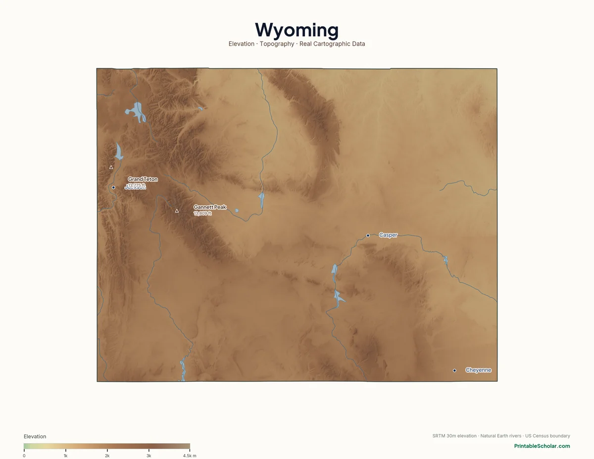 Wyoming physical map showing the Wind River Range, the Tetons, Yellowstone’s caldera, and the Great Divide Basin, with major peaks and cities labeled. Topographic relief from NASA SRTM elevation data.