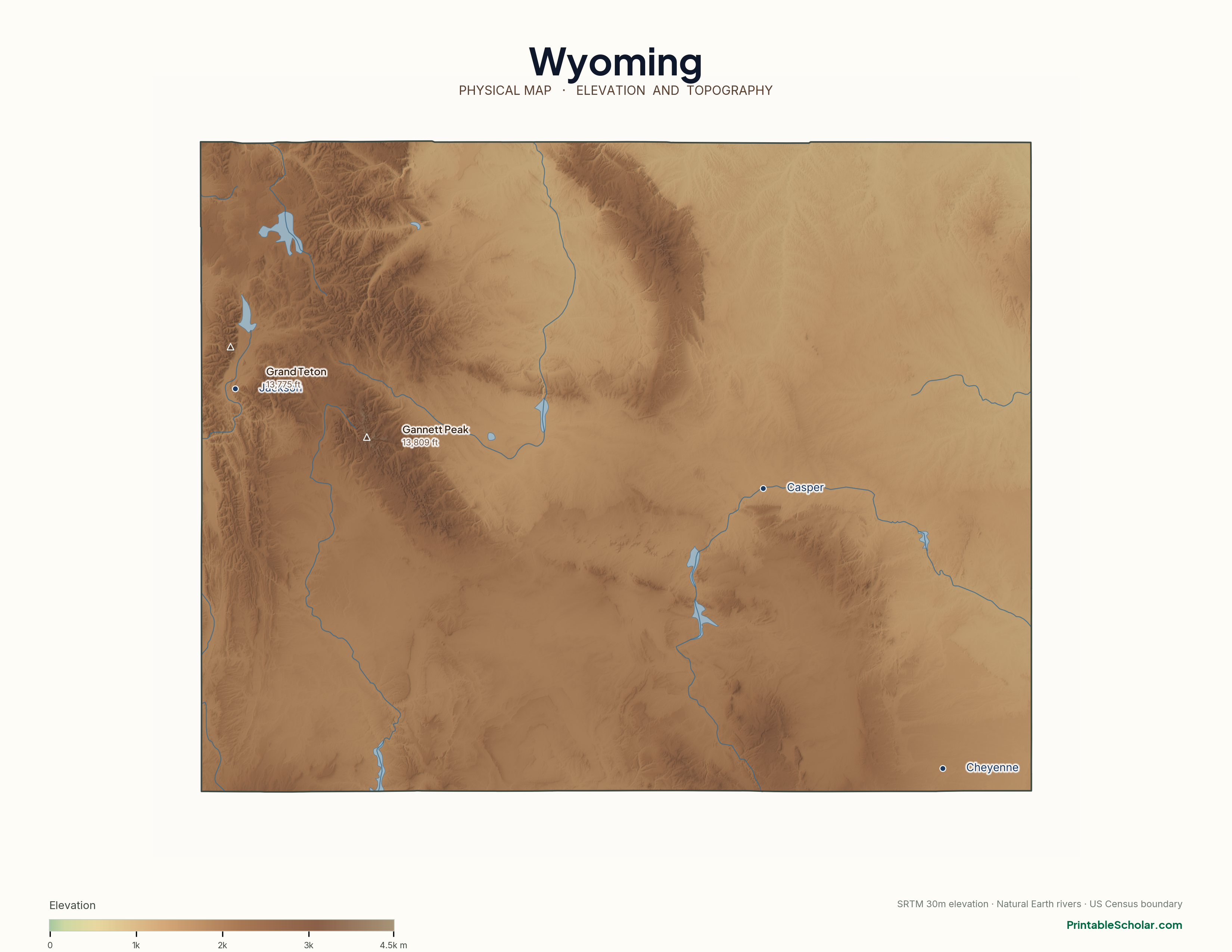 Wyoming physical map with labeled peaks, cities, and rivers