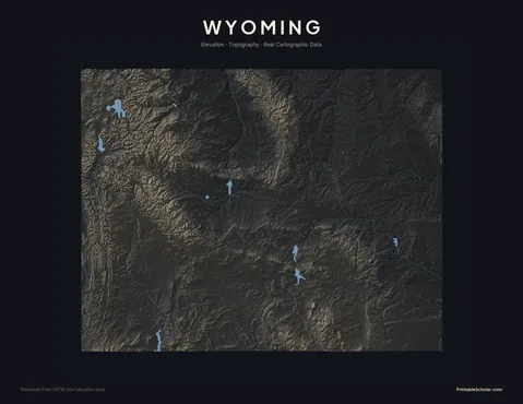 Wyoming topographic relief poster — high-contrast monochrome rendering of the Wind River Range, the Tetons, Yellowstone’s caldera, and the Great Divide Basin