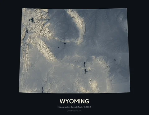 Wyoming relief wall art on a dark background