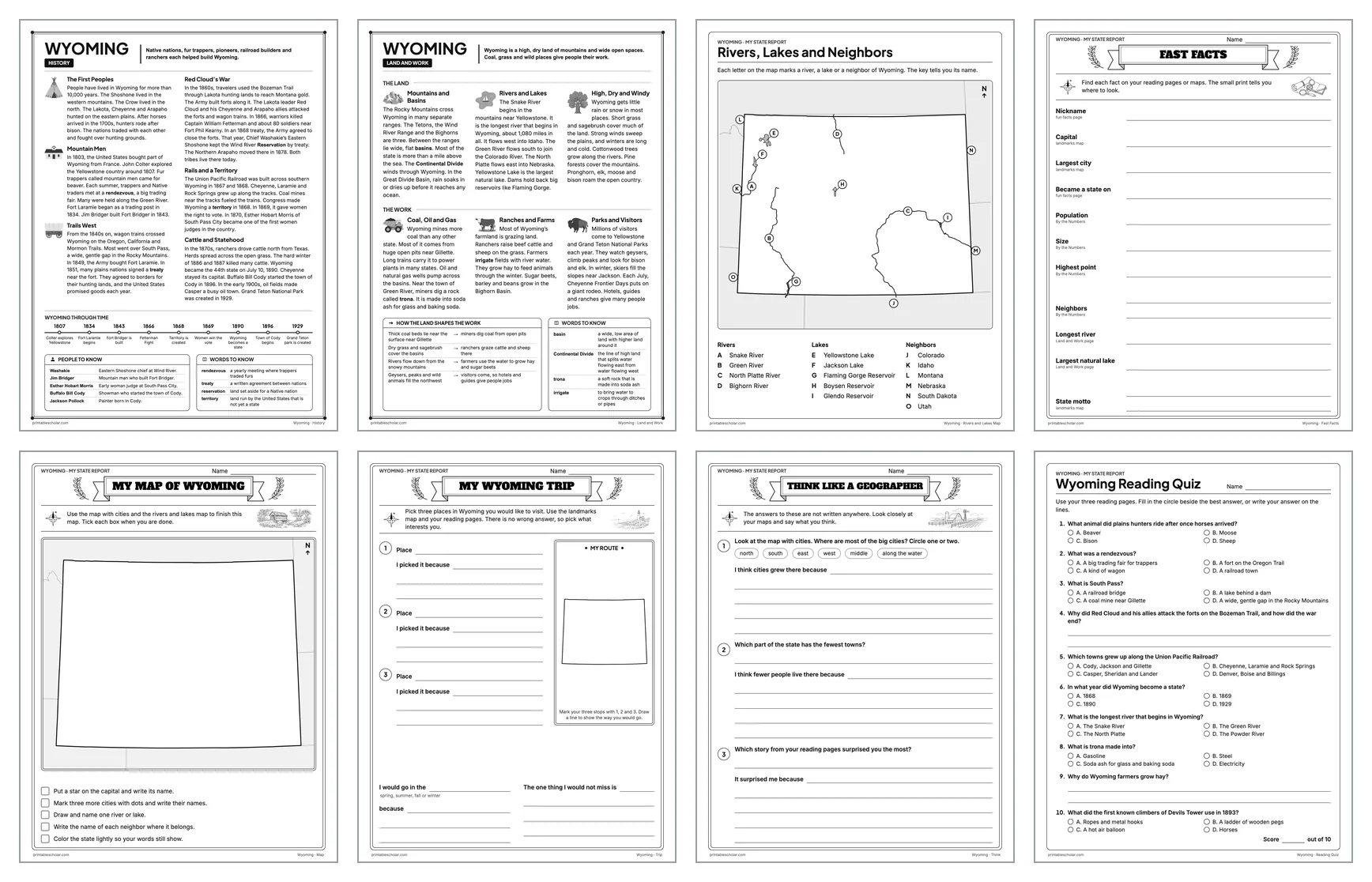 Eight pages from the Wyoming State Report Kit: History, Land and Work, the rivers and lakes map, Fast Facts, My Map, My Trip, Think Like a Geographer and the reading quiz