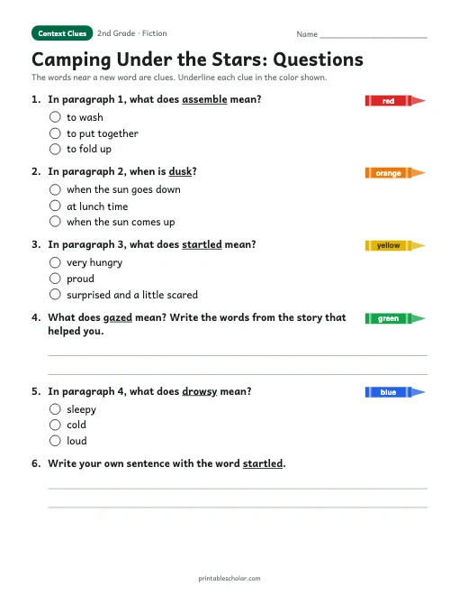 Camping Under the Stars comprehension questions
