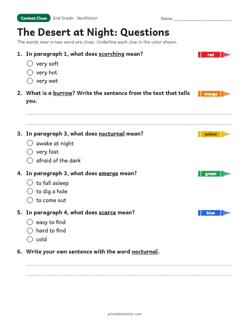 The Desert at Night comprehension questions