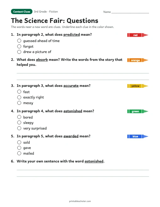 The Science Fair comprehension questions