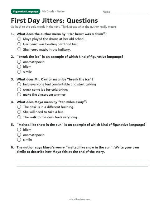 First Day Jitters comprehension questions