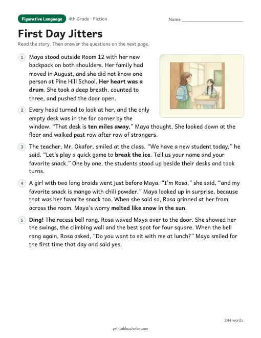 First Day Jitters reading passage