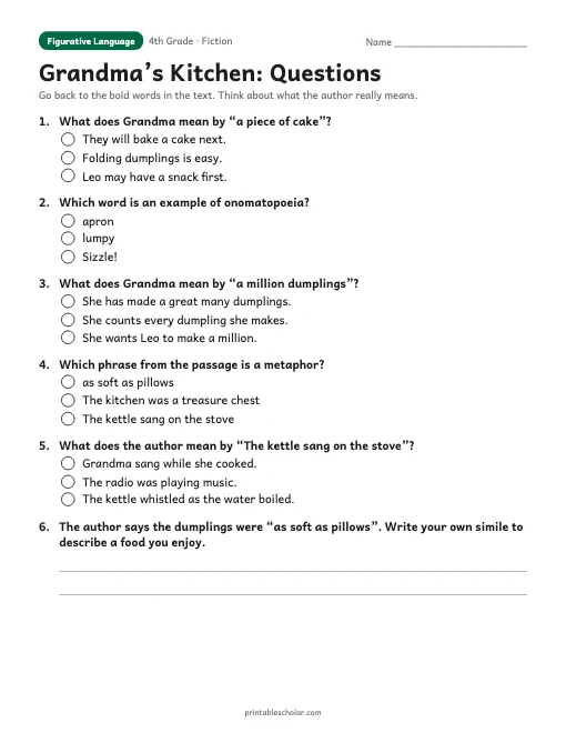 Grandma’s Kitchen comprehension questions
