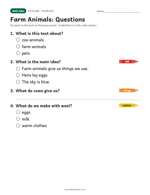 Farm Animals comprehension questions