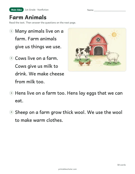 Farm Animals reading passage
