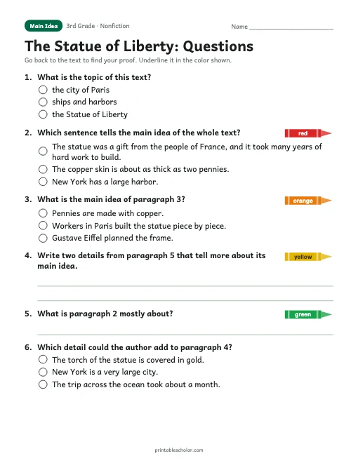The Statue of Liberty comprehension questions