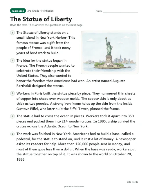 The Statue of Liberty reading passage