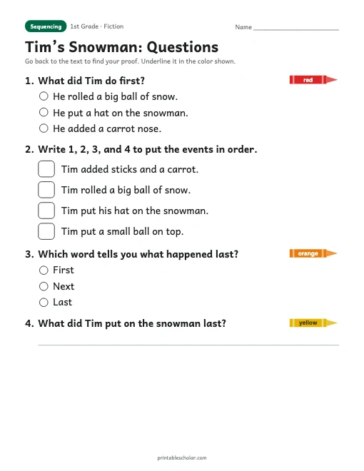 Tim’s Snowman comprehension questions