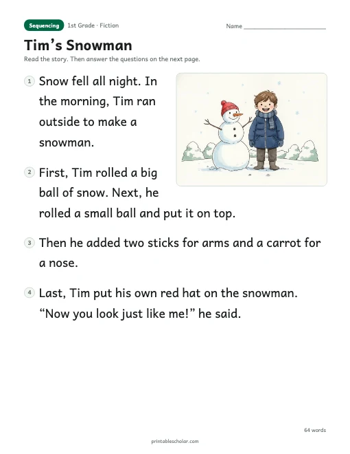 Tim’s Snowman reading passage