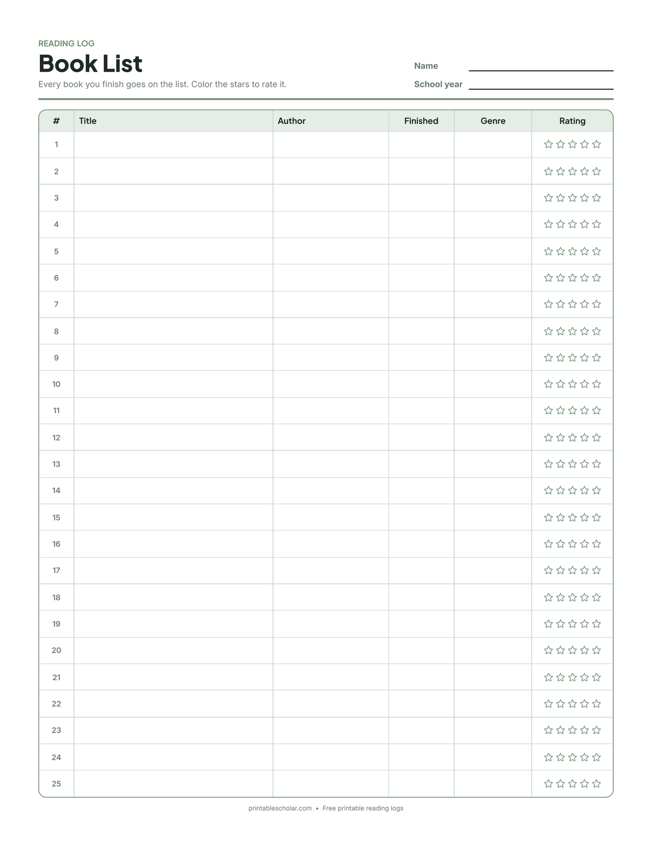 Free printable book list reading log with 25 numbered rows for title, author, date finished, genre and a five-star rating