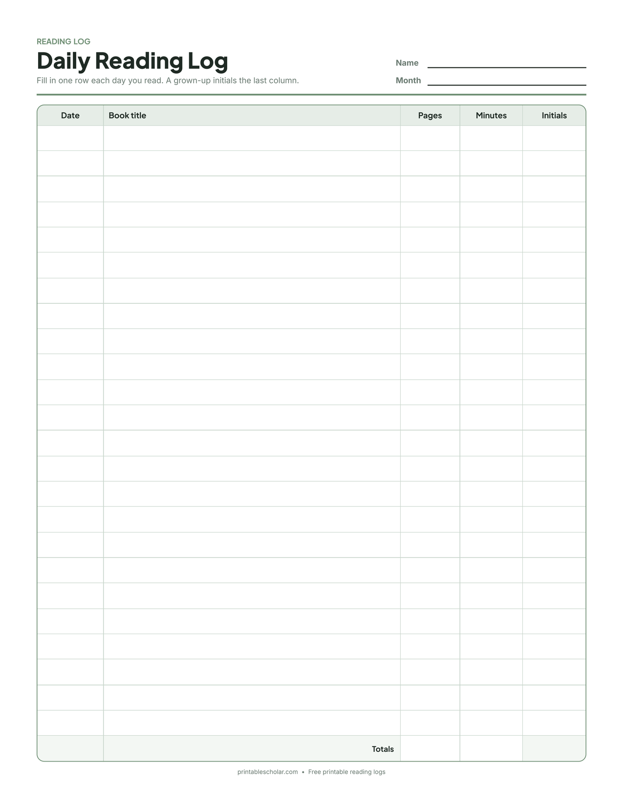 Free printable daily reading log with 24 rows and columns for date, book title, pages, minutes and parent initials