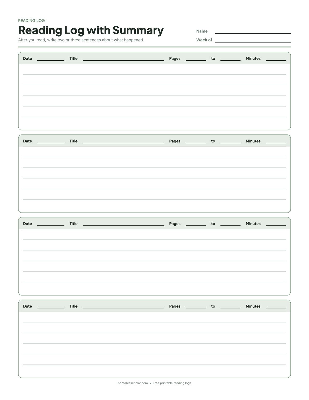 Free printable reading log with summary: four entry boxes with date, title, pages, minutes and writing lines