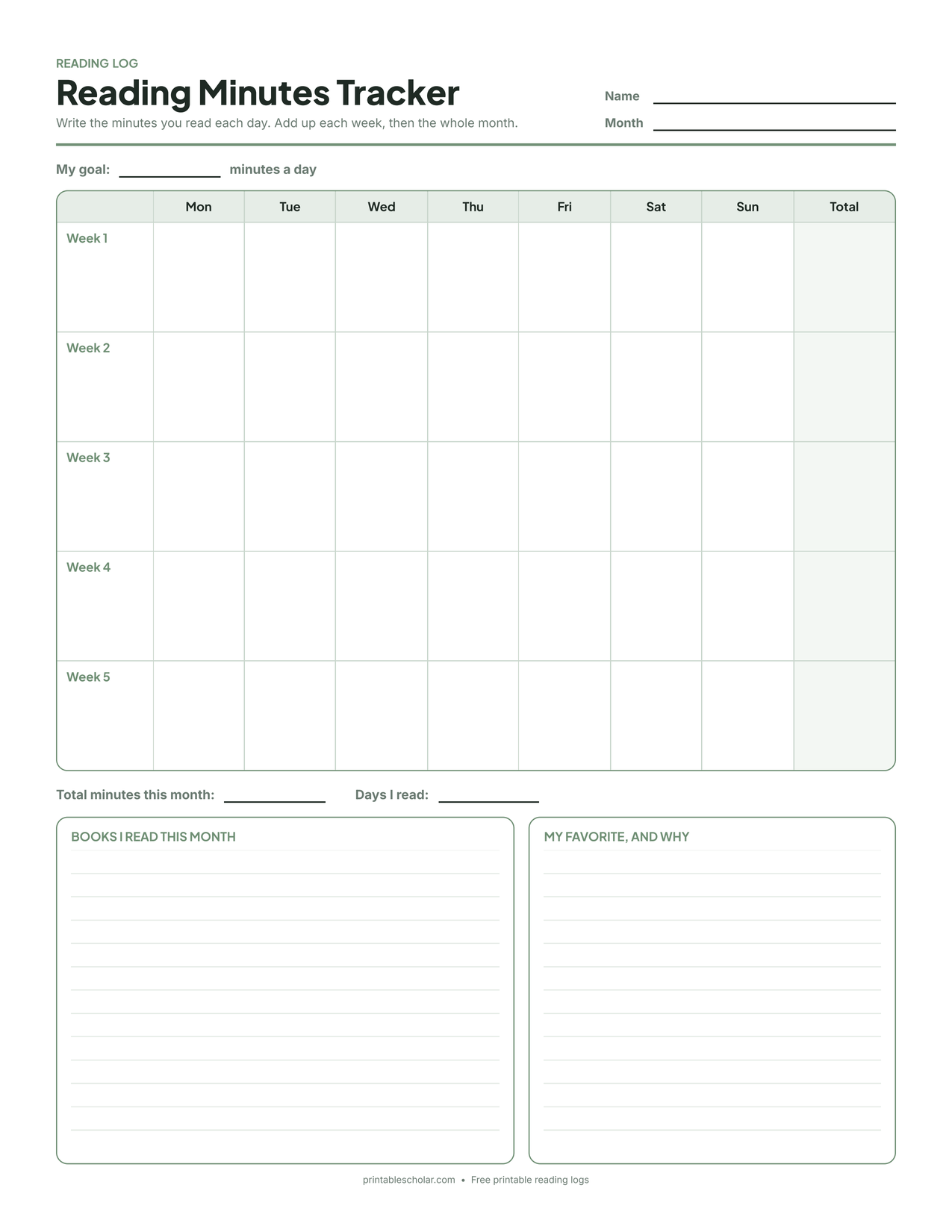 Free printable monthly reading minutes tracker: five-week grid with a box for each day, weekly totals and a books-read list