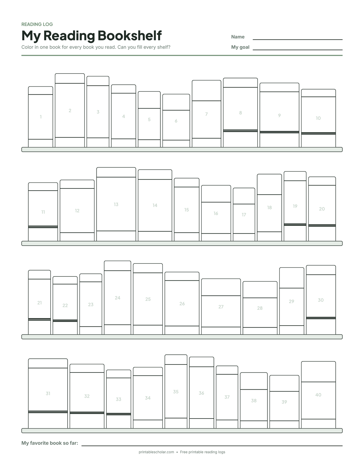 Free printable bookshelf reading tracker: four shelves of 40 outline books to color in, one for each book read