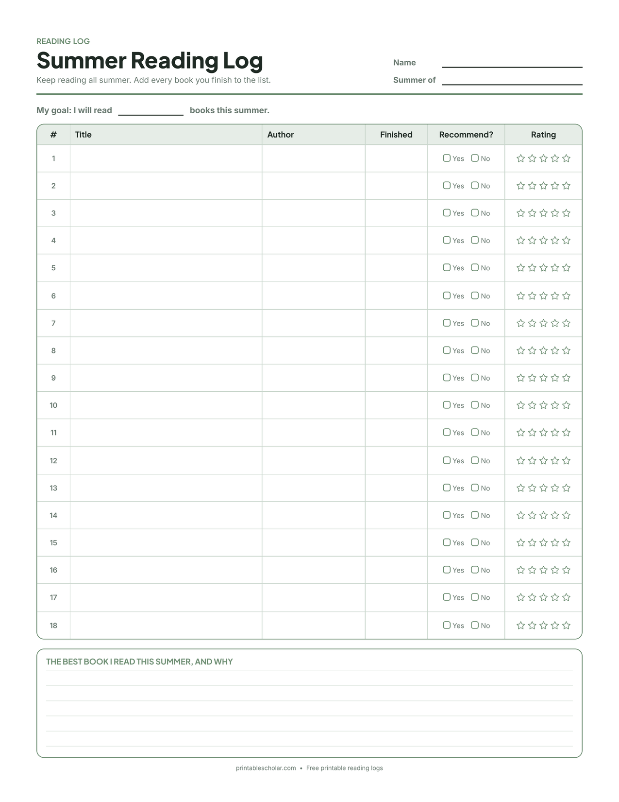 Free printable summer reading log with a goal line and 18 rows for title, author, date finished, recommend yes or no, and a star rating