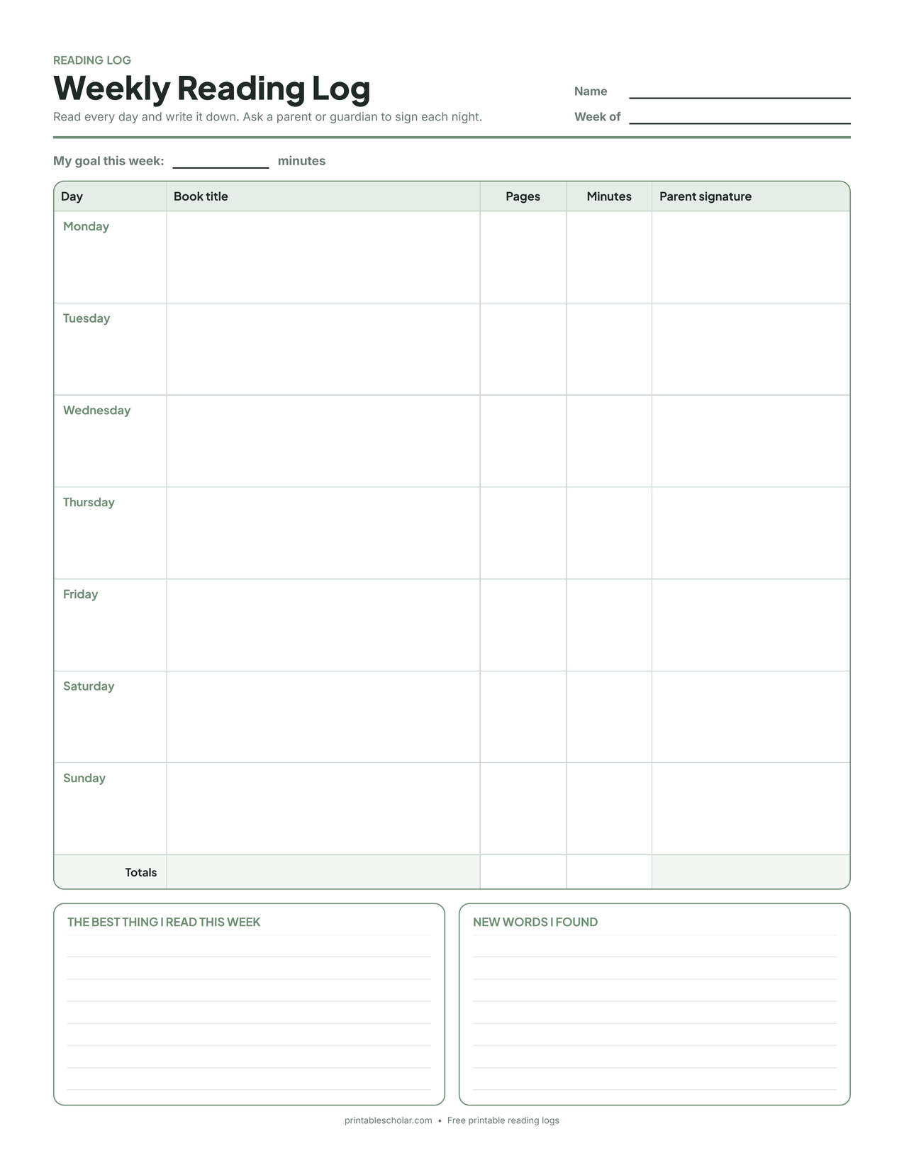 Free printable weekly reading log with rows for Monday to Sunday and columns for book title, pages, minutes and parent signature