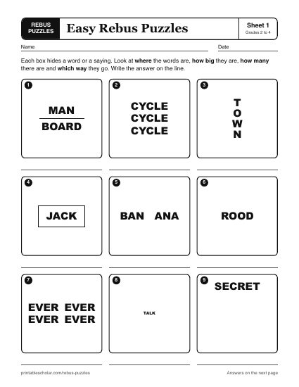 Printable easy rebus puzzles worksheet, sheet 1
