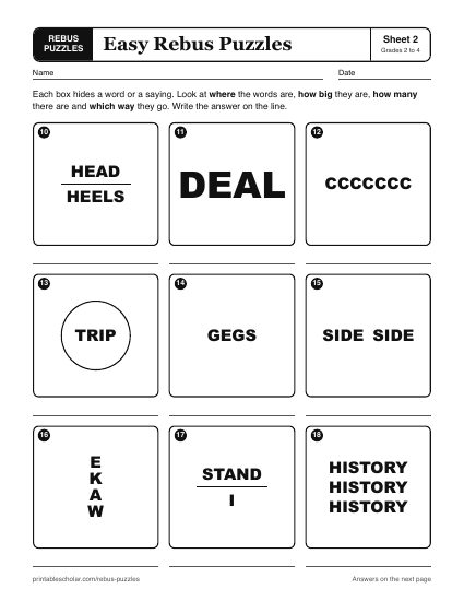 Printable easy rebus puzzles worksheet, sheet 2