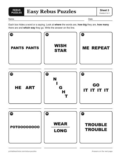 Printable easy rebus puzzles worksheet, sheet 3