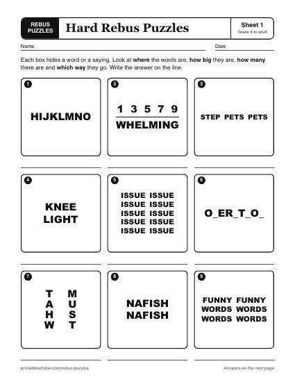 Printable hard rebus puzzles worksheet, sheet 1