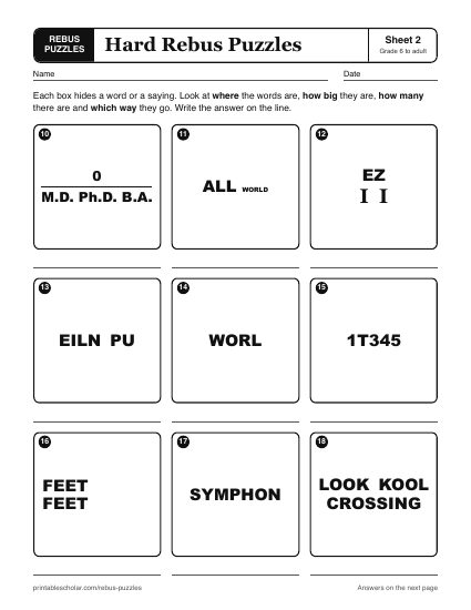 Printable hard rebus puzzles worksheet, sheet 2