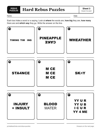 Printable hard rebus puzzles worksheet, sheet 3