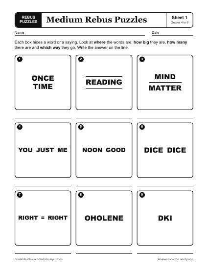 Printable medium rebus puzzles worksheet, sheet 1