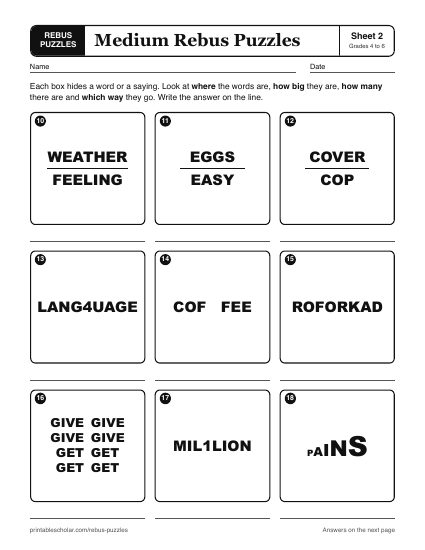 Printable medium rebus puzzles worksheet, sheet 2