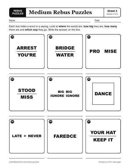 Printable medium rebus puzzles worksheet, sheet 3