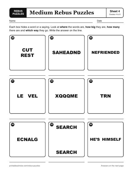 Printable medium rebus puzzles worksheet, sheet 4