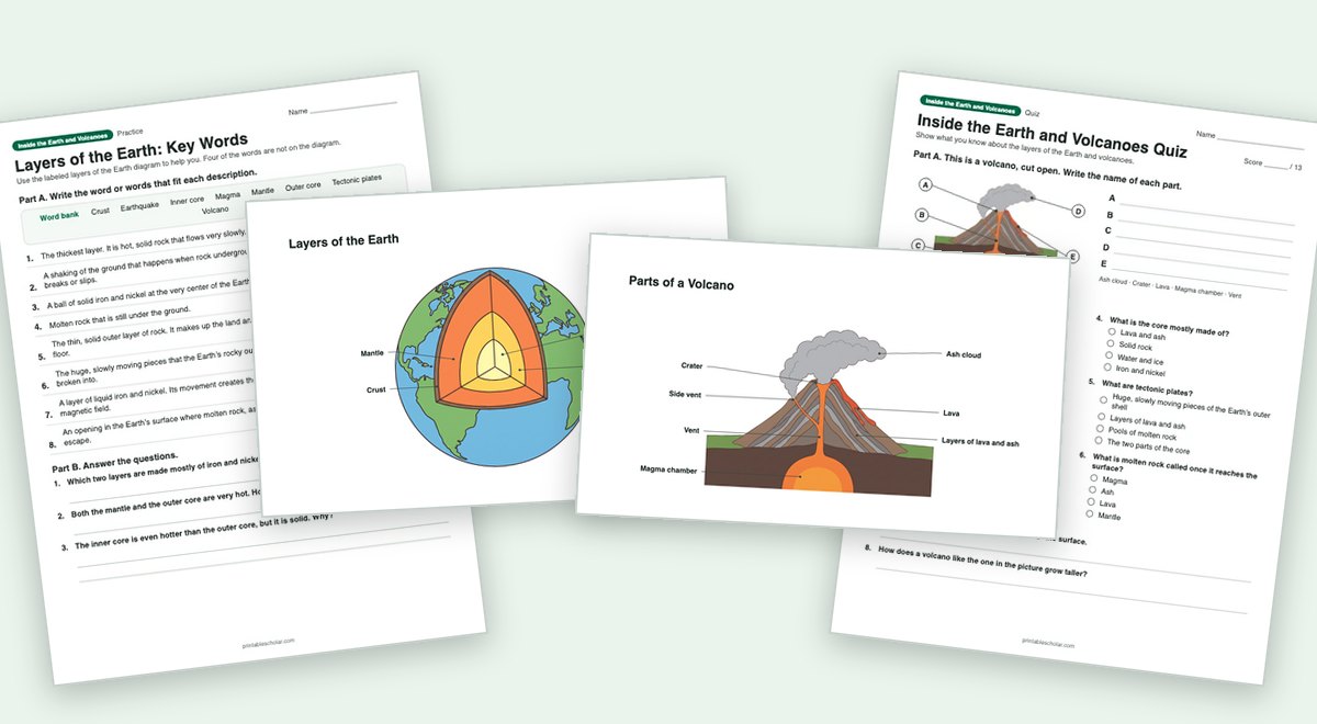 Inside the Earth and Volcanoes teaching pack: the labeled diagram with a worksheet and the quiz