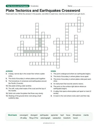 Plate Tectonics and Earthquakes Crossword: printable vocabulary crossword with answer key