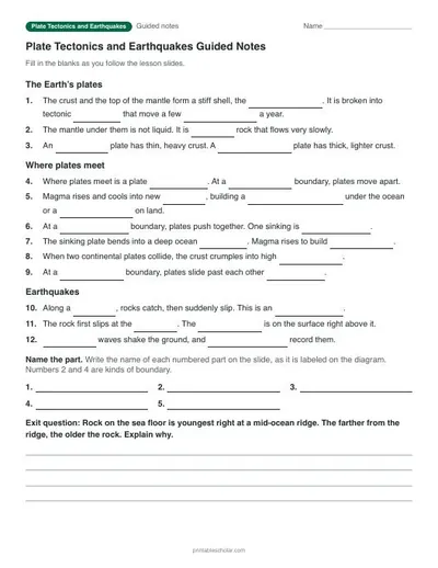 Plate Tectonics and Earthquakes guided notes: printable with answer key