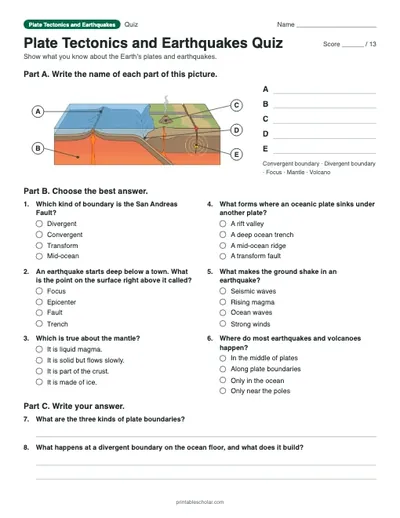 Plate Tectonics and Earthquakes Quiz: printable quiz with answer key