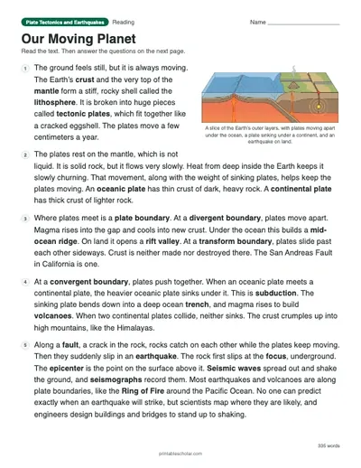 Our Moving Planet: printable reading passage with answer key