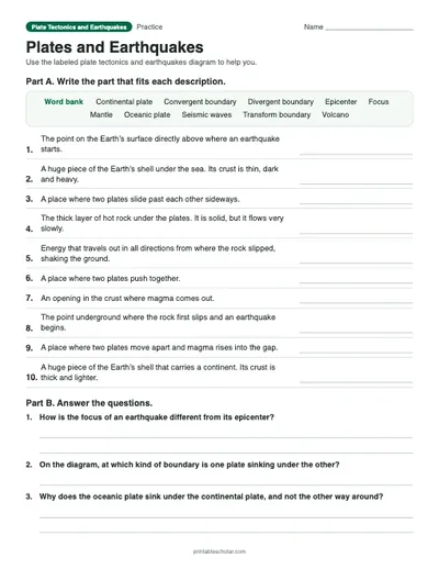 Plates and Earthquakes: printable worksheet with answer key