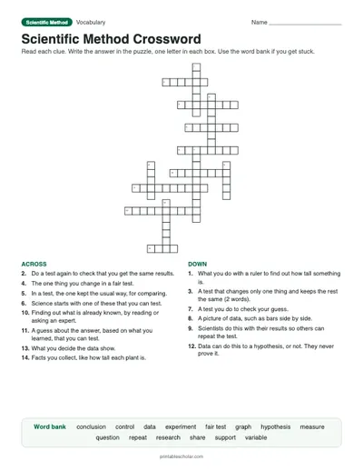 Scientific Method Crossword: printable vocabulary crossword with answer key