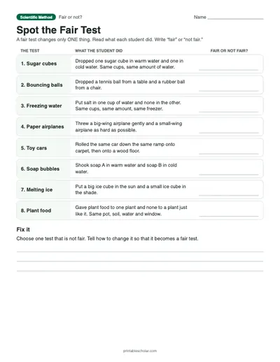 Spot the Fair Test: printable sorting table with answer key