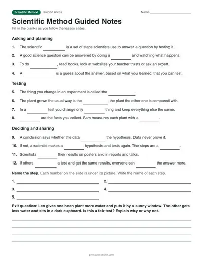 Scientific Method guided notes: printable with answer key