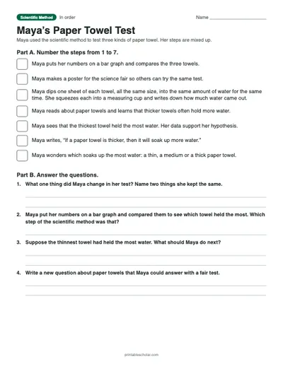 Maya’s Paper Towel Test: printable sequencing sheet with answer key