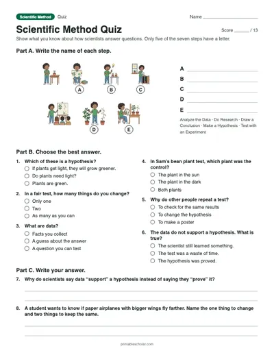Scientific Method Quiz: printable quiz with answer key