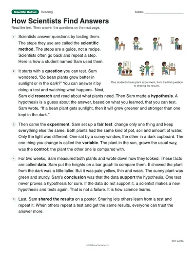 How Scientists Find Answers: printable reading passage with answer key