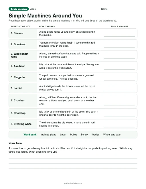 Simple Machines Around You: printable everyday-objects table with answer key